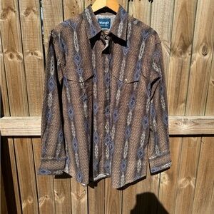 Wrangler Western Button Aztec Design Brown Blue Long Sleeve Shirt 100% Cotton